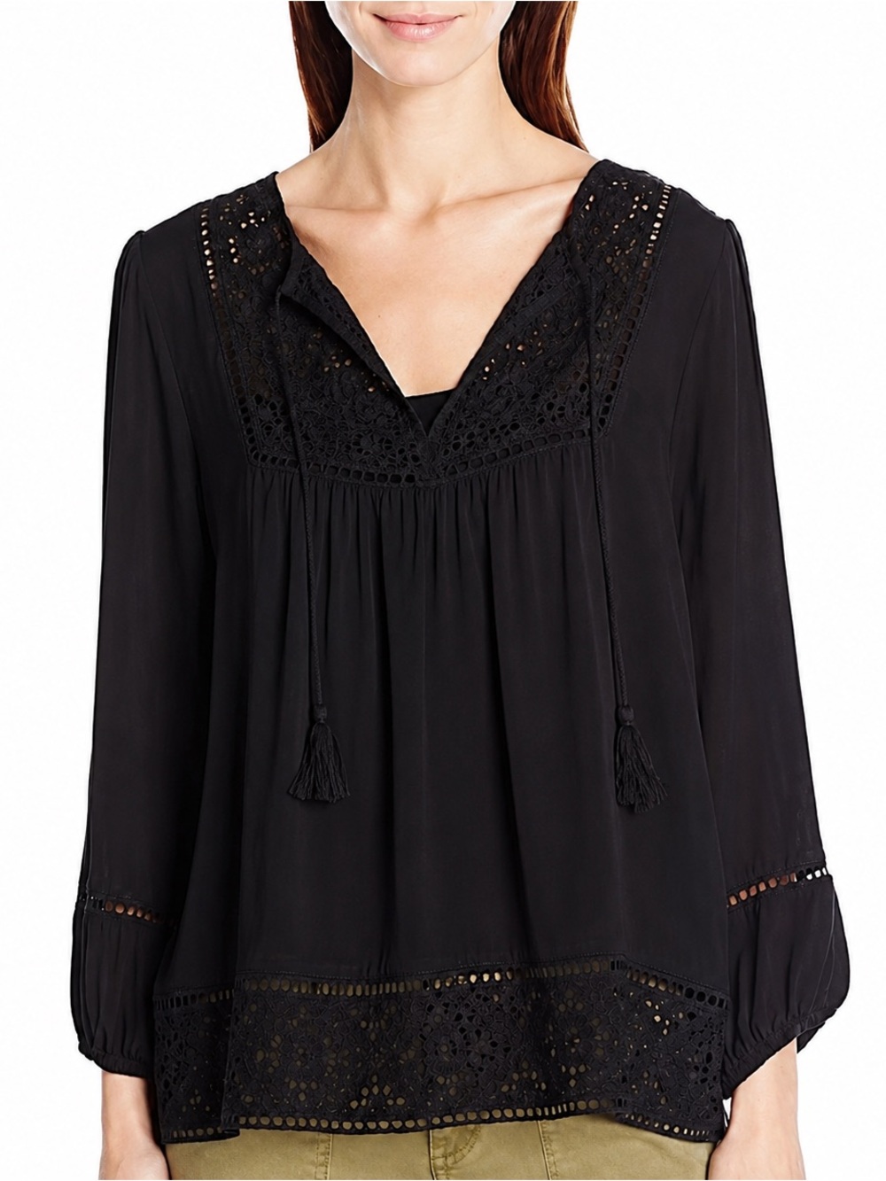 JOIE black eyelet-cutout long sleeve bohemian peasant blouse size small like new